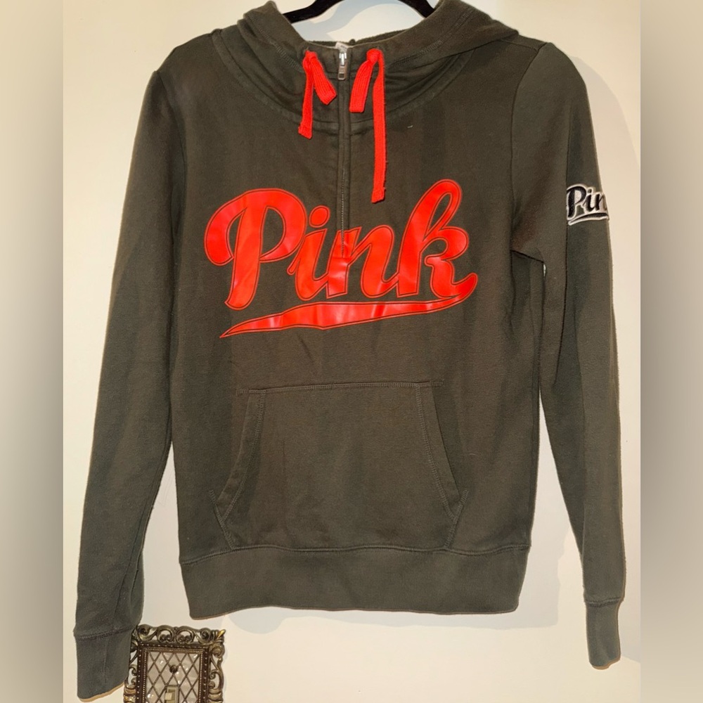 Victoria's Secret Pink Olive Green Hoodie with Bright Orange Logo Size‎ XS